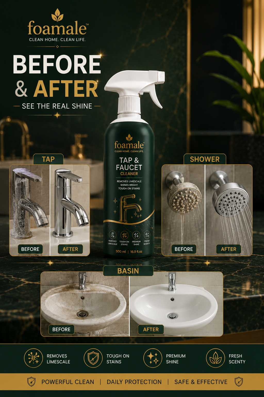 Foamale™ Ultra-Shine Tap & Faucet Spray |Ultimate Metal & Faucet Shine Limescale Remover (500ml)