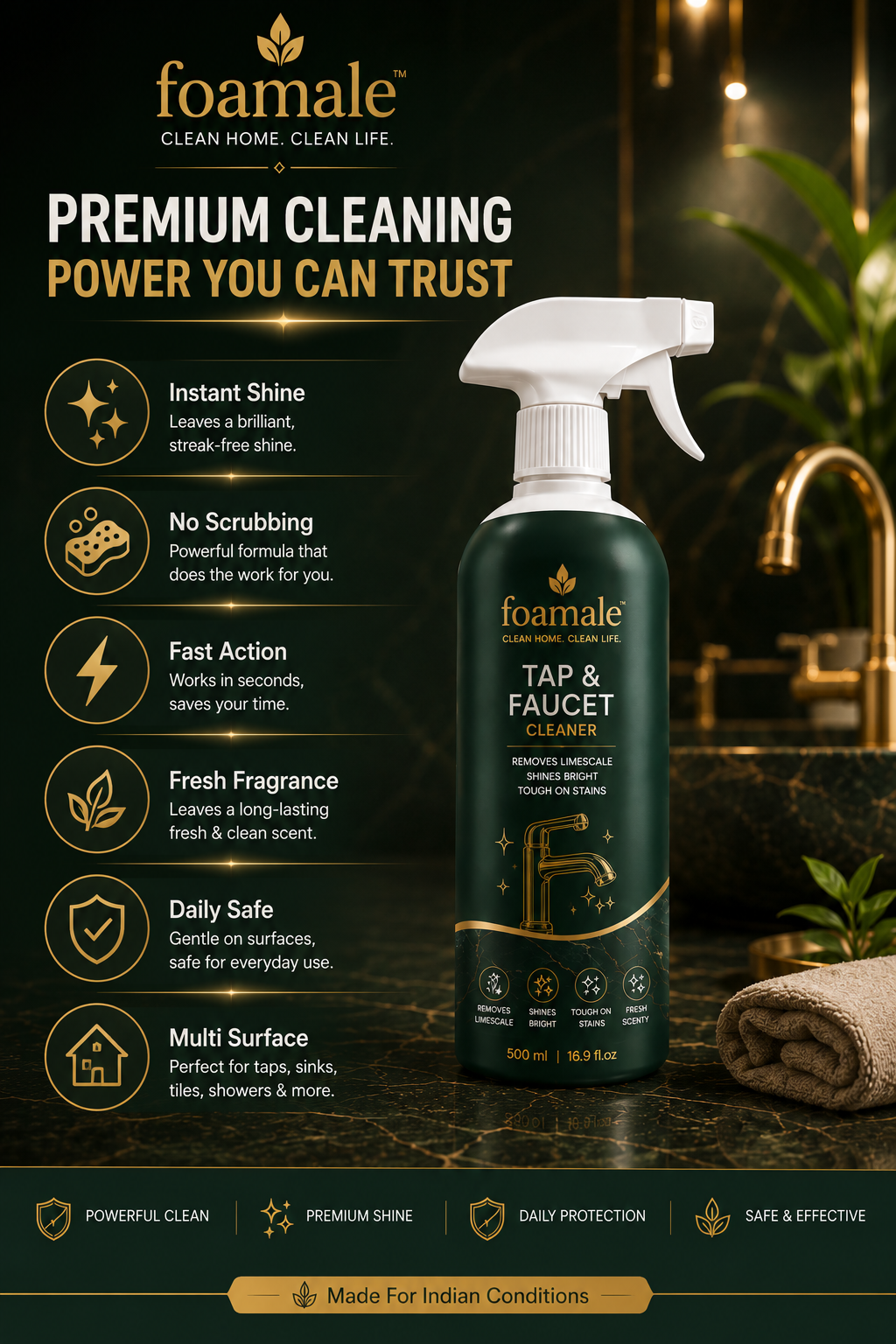 Foamale™ Ultra-Shine Tap & Faucet Spray |Ultimate Metal & Faucet Shine Limescale Remover (500ml)
