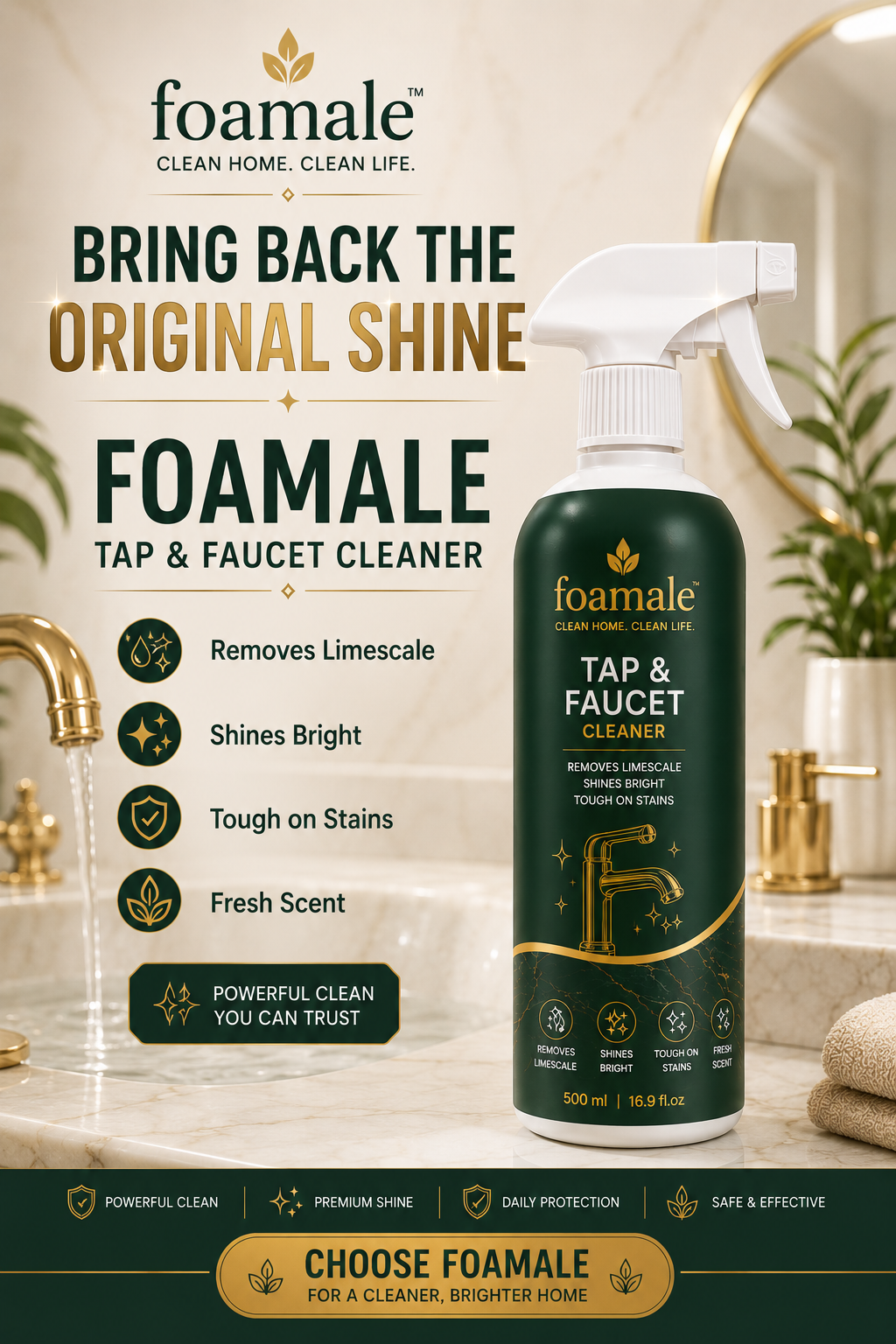 Foamale™ Ultra-Shine Tap & Faucet Spray |Ultimate Metal & Faucet Shine Limescale Remover (500ml)